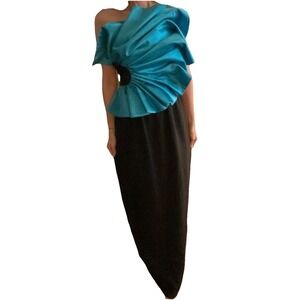 Vintage 80s One Shoulder Gown With Sequin & Statement Top